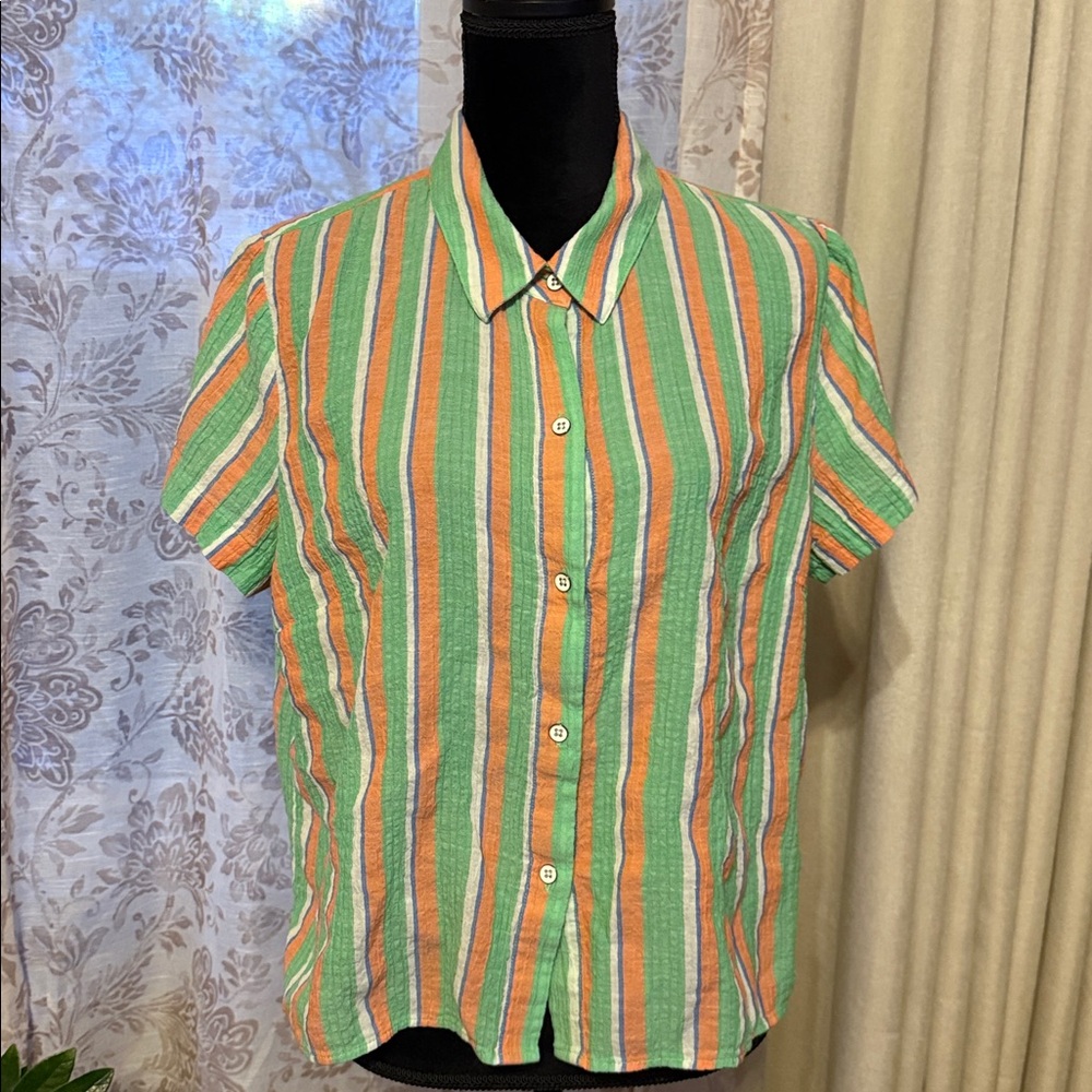 Cabi Women's Crinkled Gauze Linen-Blend Striped Camp Shirt sz Large Style 6201